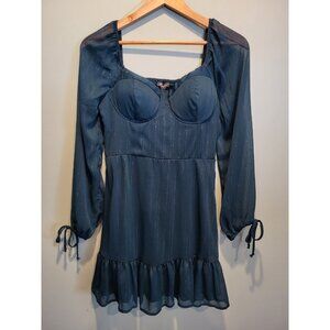 Y2K Emerald Green Corset Long Sheer Puff Sleeve Mini Dress Sz M Coquette